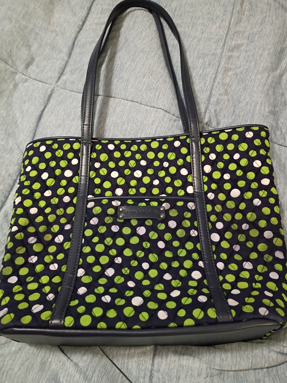 Vera Bradley Navy Tote with Lime Green and White Dot Print